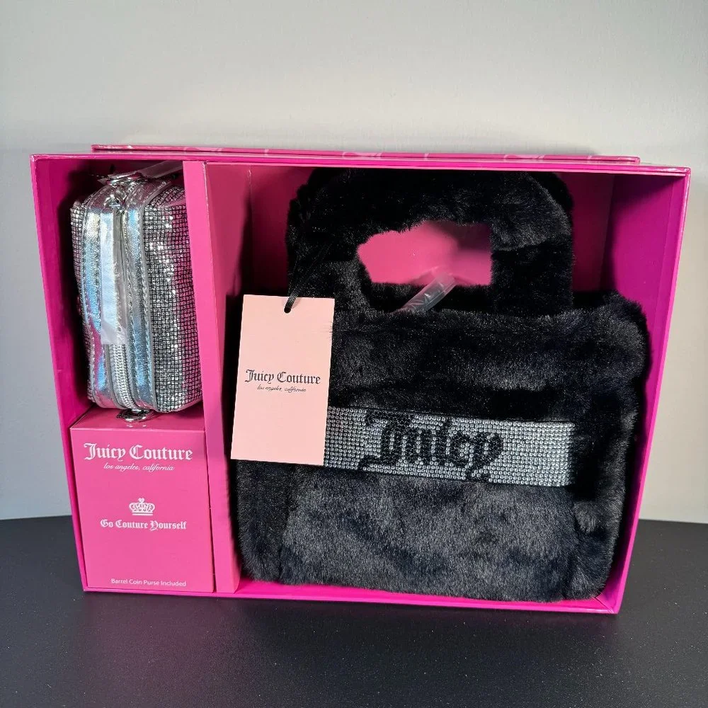Juicy Couture Black Liquorice Mini Tote & Barrel Coin Purse Box Gift Set - NWT - Picture 1 of 6